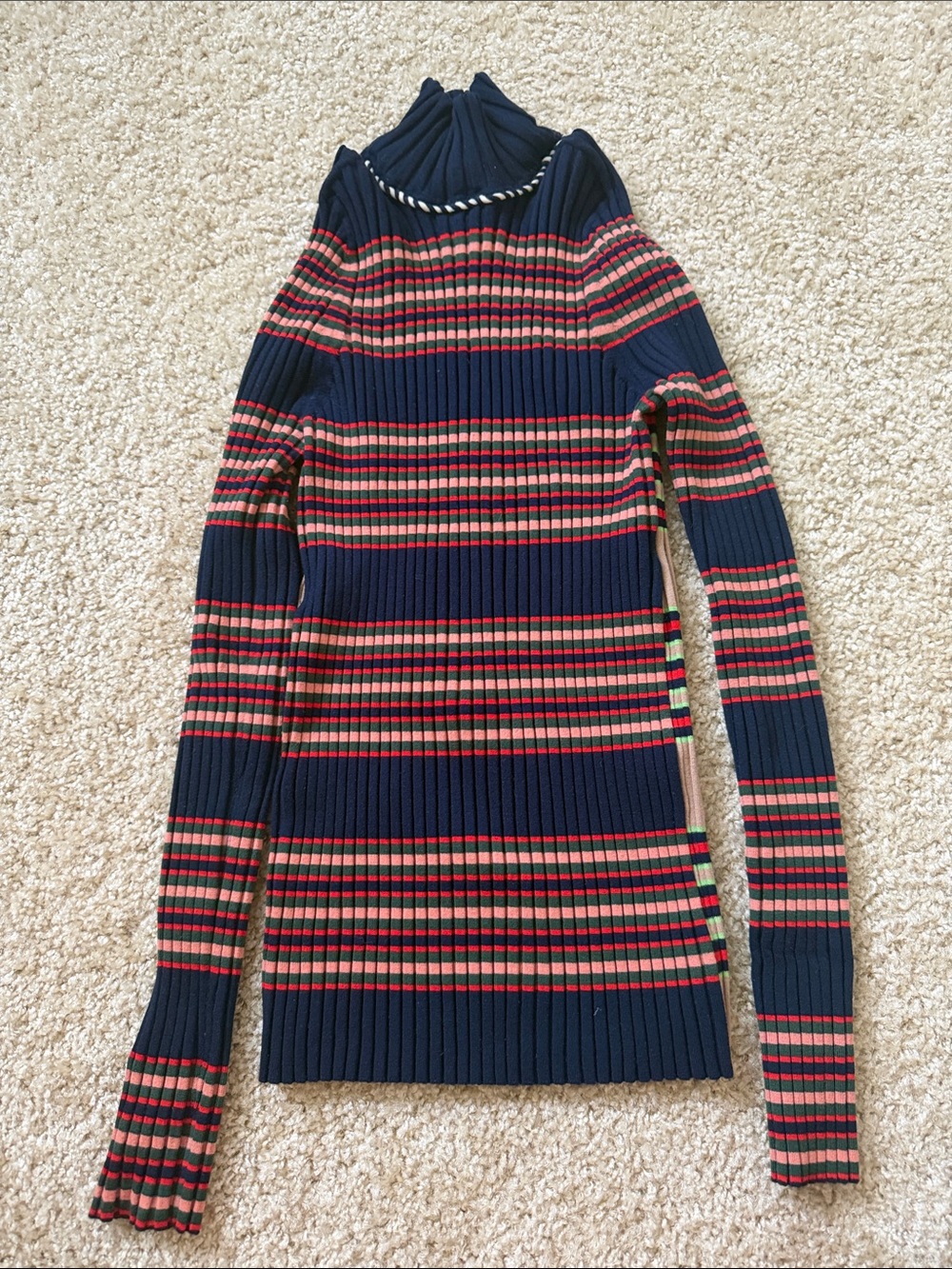Ribbed Turtleneck Sweater in Navy with Red Stripes